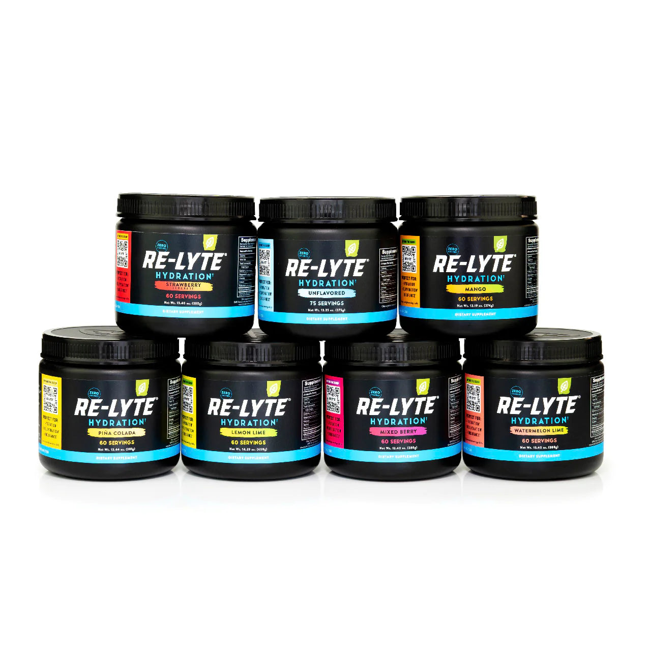 Re-Lyte Hydration electrolyte drink mix jars in assorted flavours

